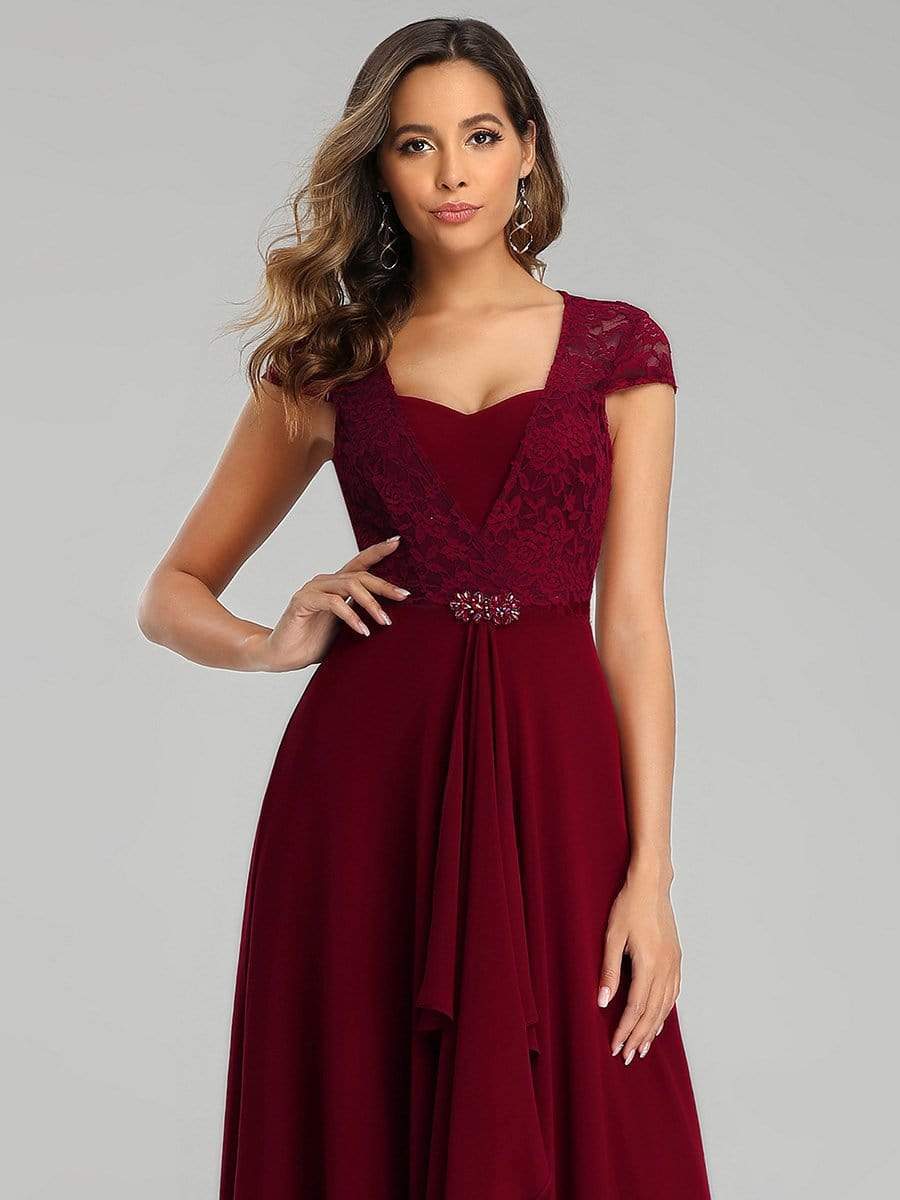 Sweetheart Floral Lace Cap Sleeve Wedding Guest Dress #color_Burgundy 