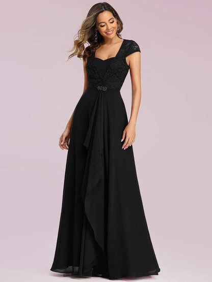 Sweetheart Floral Lace Cap Sleeve Wedding Guest Dress #color_Black 