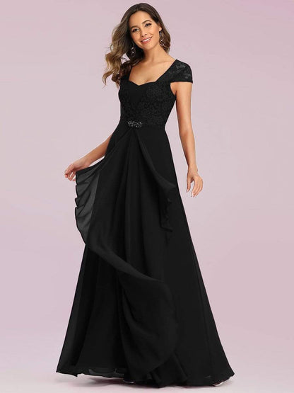 Sweetheart Floral Lace Cap Sleeve Wedding Guest Dress #color_Black 