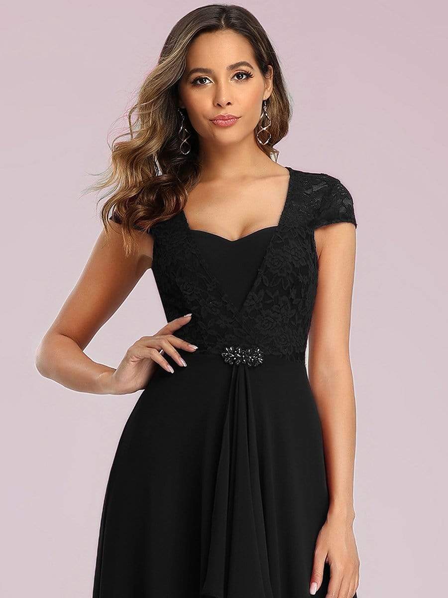 Sweetheart Floral Lace Cap Sleeve Wedding Guest Dress #color_Black 