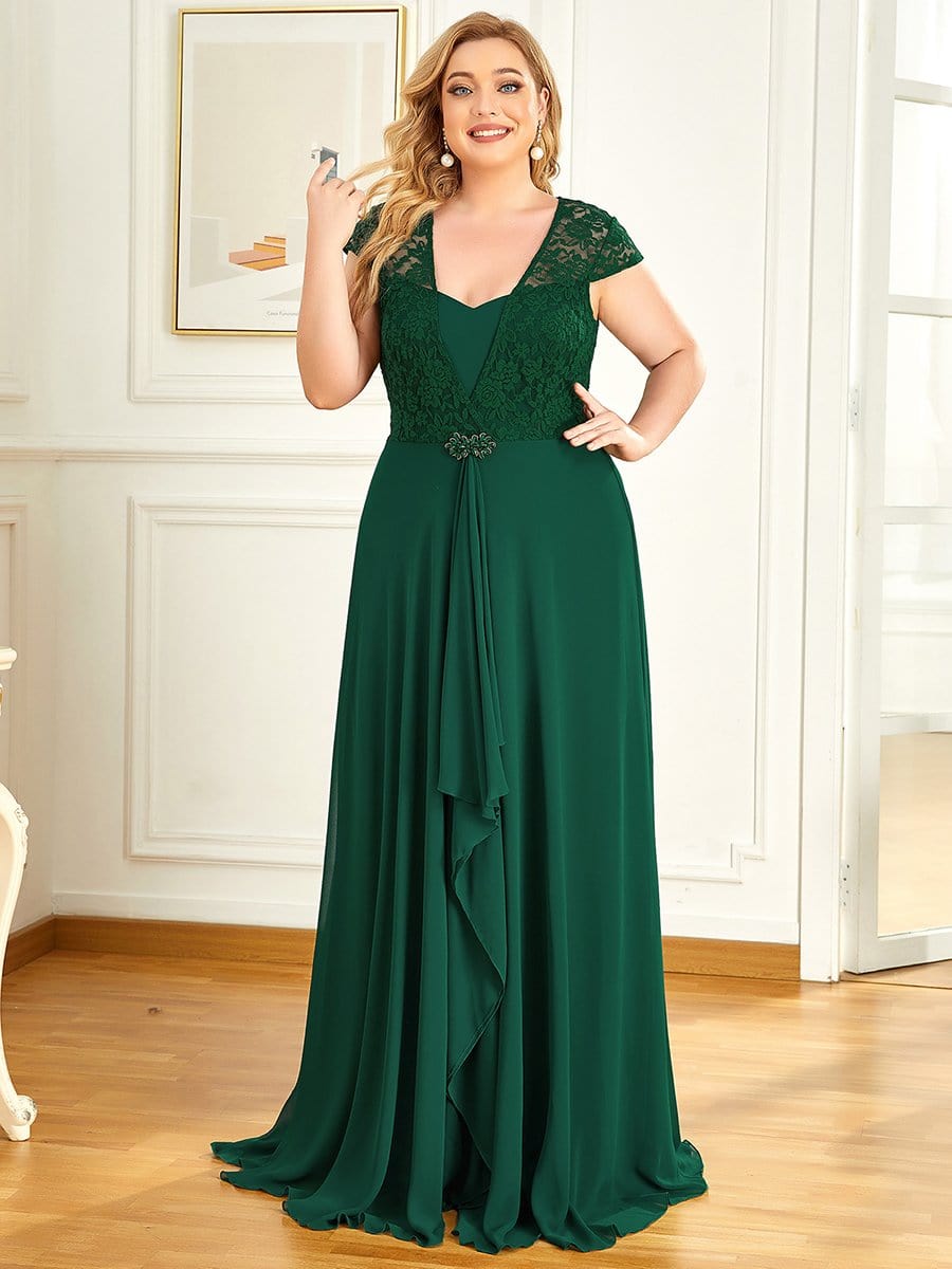 Sweetheart Floral Lace Cap Sleeve Wedding Guest Dress #color_Dark Green 