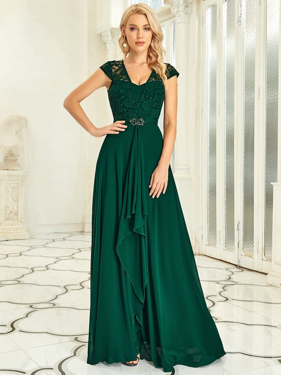 Sweetheart Floral Lace Cap Sleeve Wedding Guest Dress #color_Dark Green 