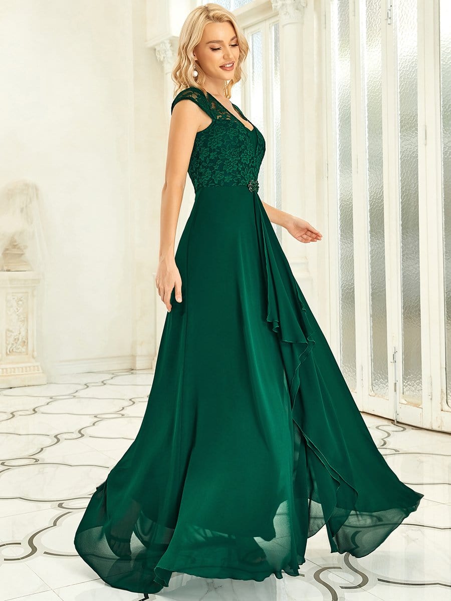 Sweetheart Floral Lace Cap Sleeve Wedding Guest Dress #color_Dark Green 