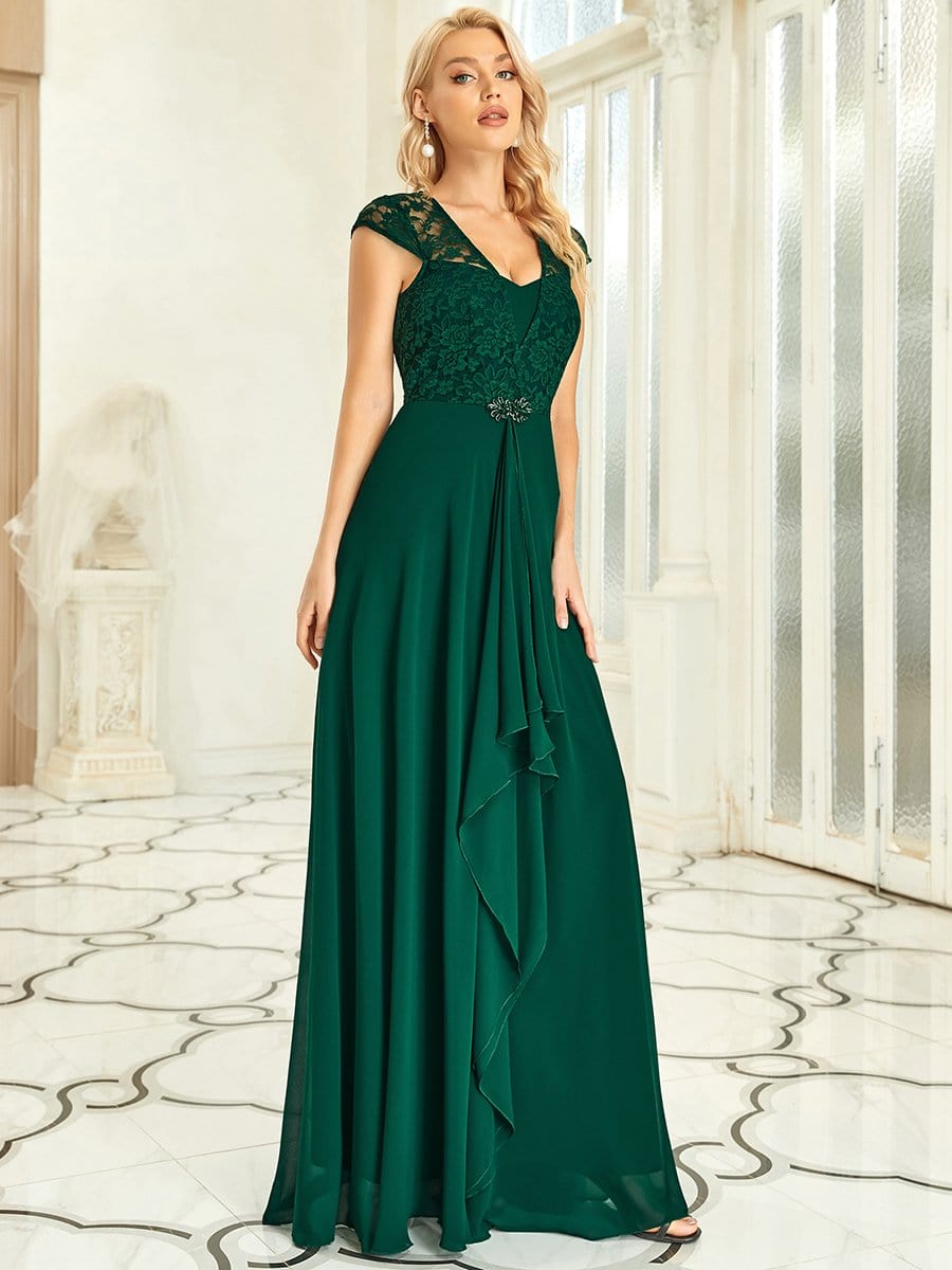 Sweetheart Floral Lace Cap Sleeve Wedding Guest Dress #color_Dark Green 