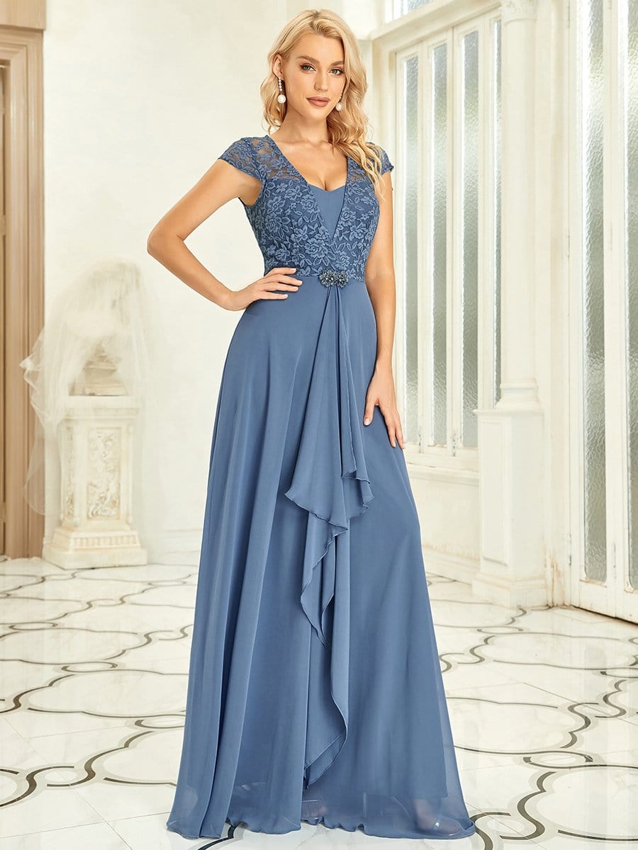 Sweetheart Floral Lace Cap Sleeve Wedding Guest Dress #color_Dusty Navy 