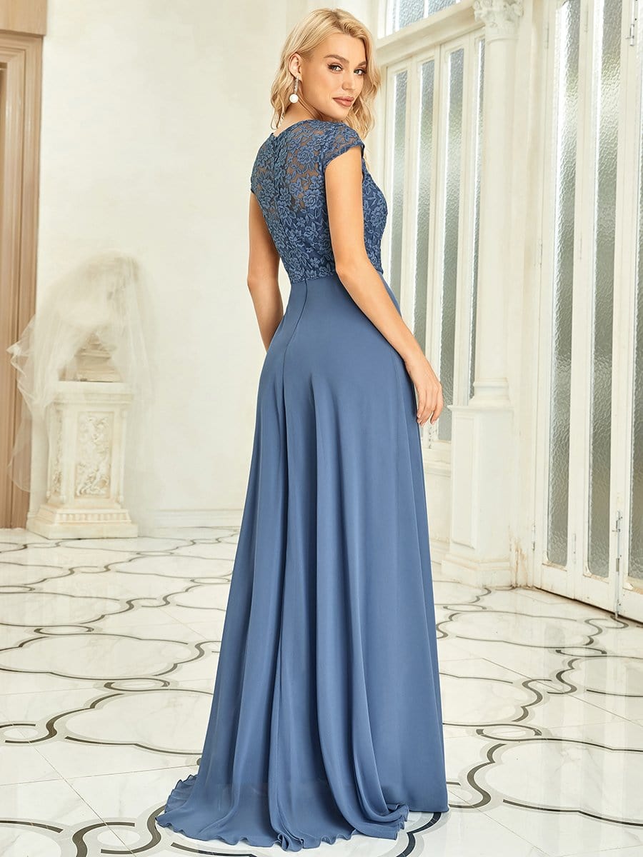 Sweetheart Floral Lace Cap Sleeve Wedding Guest Dress #color_Dusty Navy 