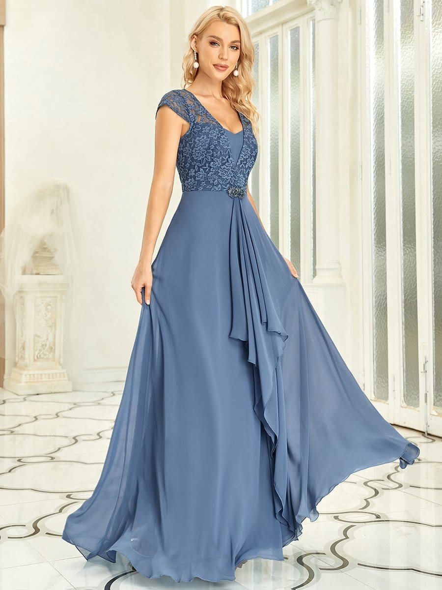 Sweetheart Floral Lace Cap Sleeve Wedding Guest Dress #color_Dusty Navy 