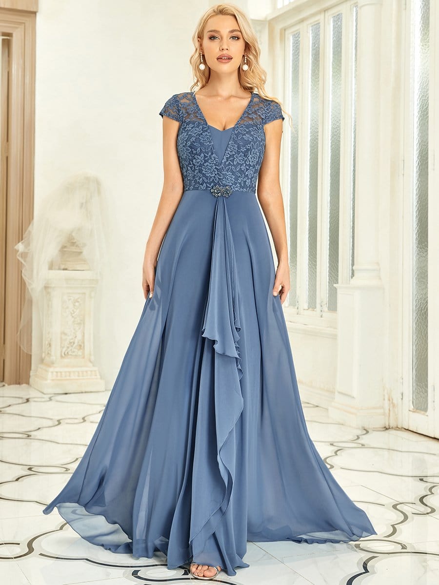 Sweetheart Floral Lace Cap Sleeve Wedding Guest Dress #color_Dusty Navy 