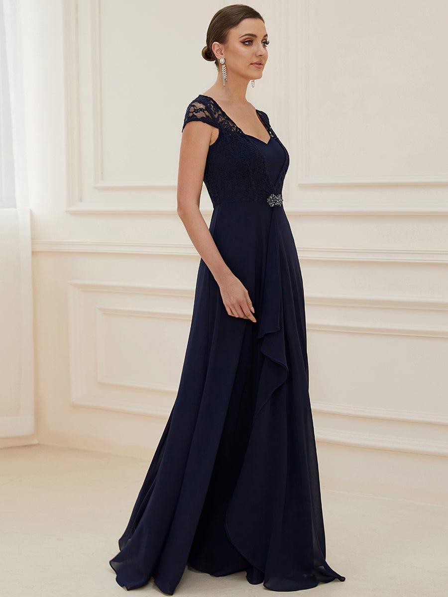 Sweetheart Floral Lace Cap Sleeve Wedding Guest Dress #color_Navy Blue 