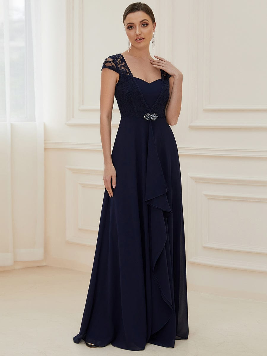 Sweetheart Floral Lace Cap Sleeve Wedding Guest Dress #color_Navy Blue 