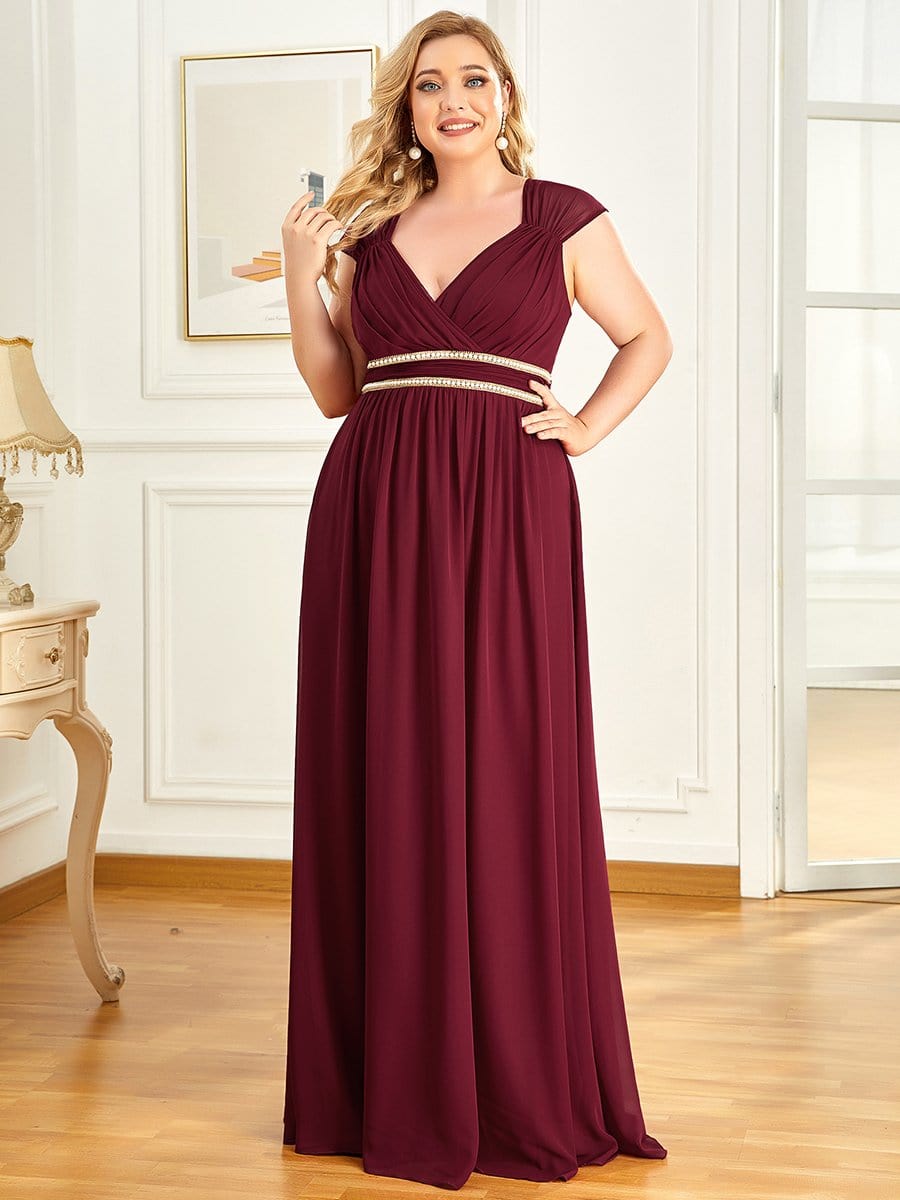 Plus Size Sleeveless Beaded Belt Chiffon Formal Summer Dresses #color_Burgundy 