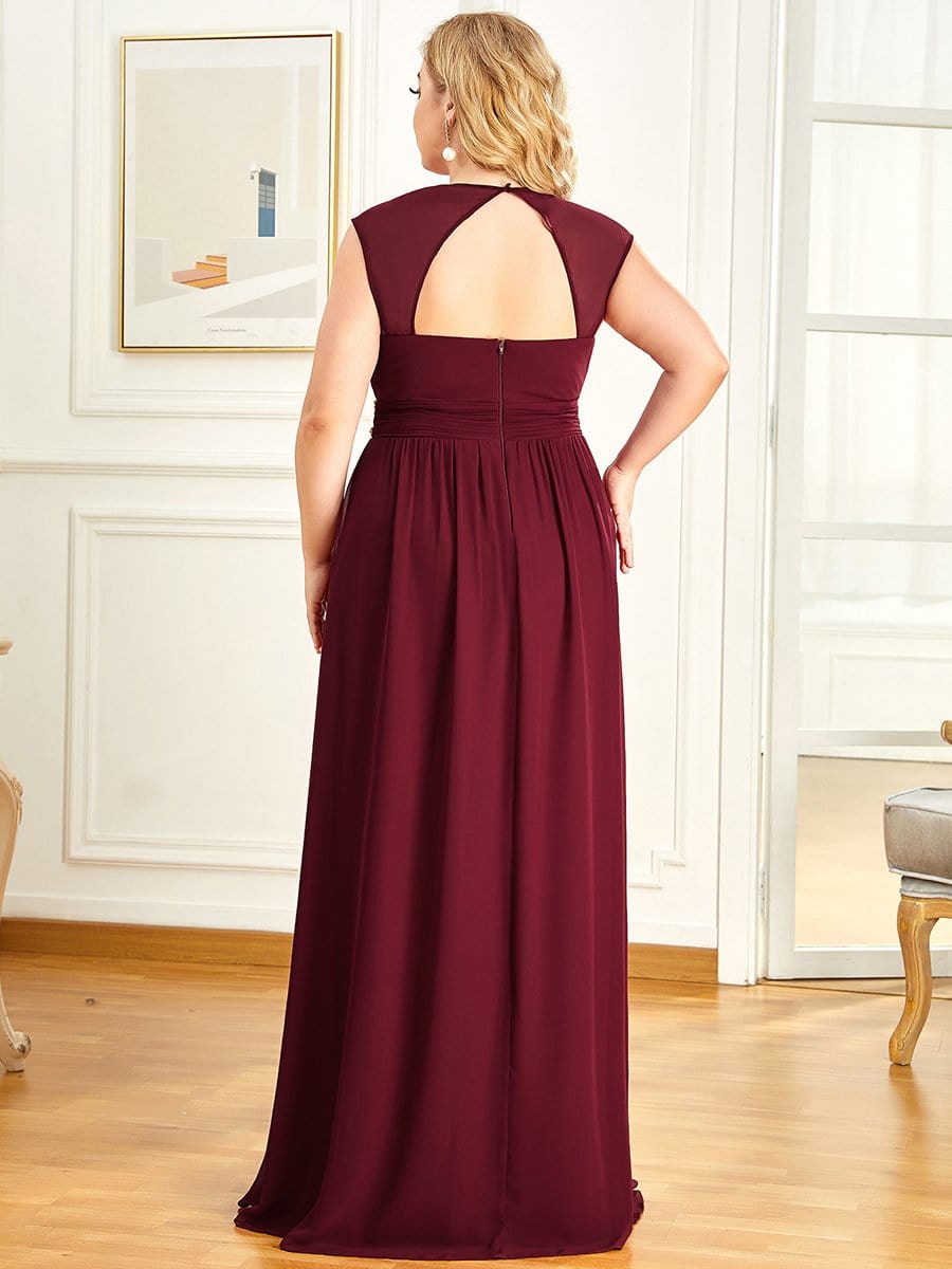 V-Neck Sleeveless Beaded Belt Chiffon A-Line Evening Dress #color_Burgundy 