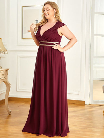 Plus Size Sleeveless Beaded Belt Chiffon Formal Summer Dresses #color_Burgundy 