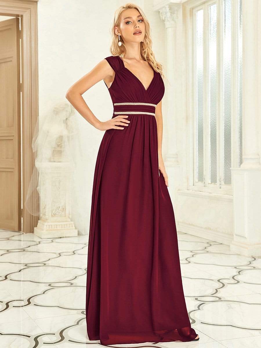 V-Neck Sleeveless Beaded Belt Chiffon A-Line Evening Dress #color_Burgundy 