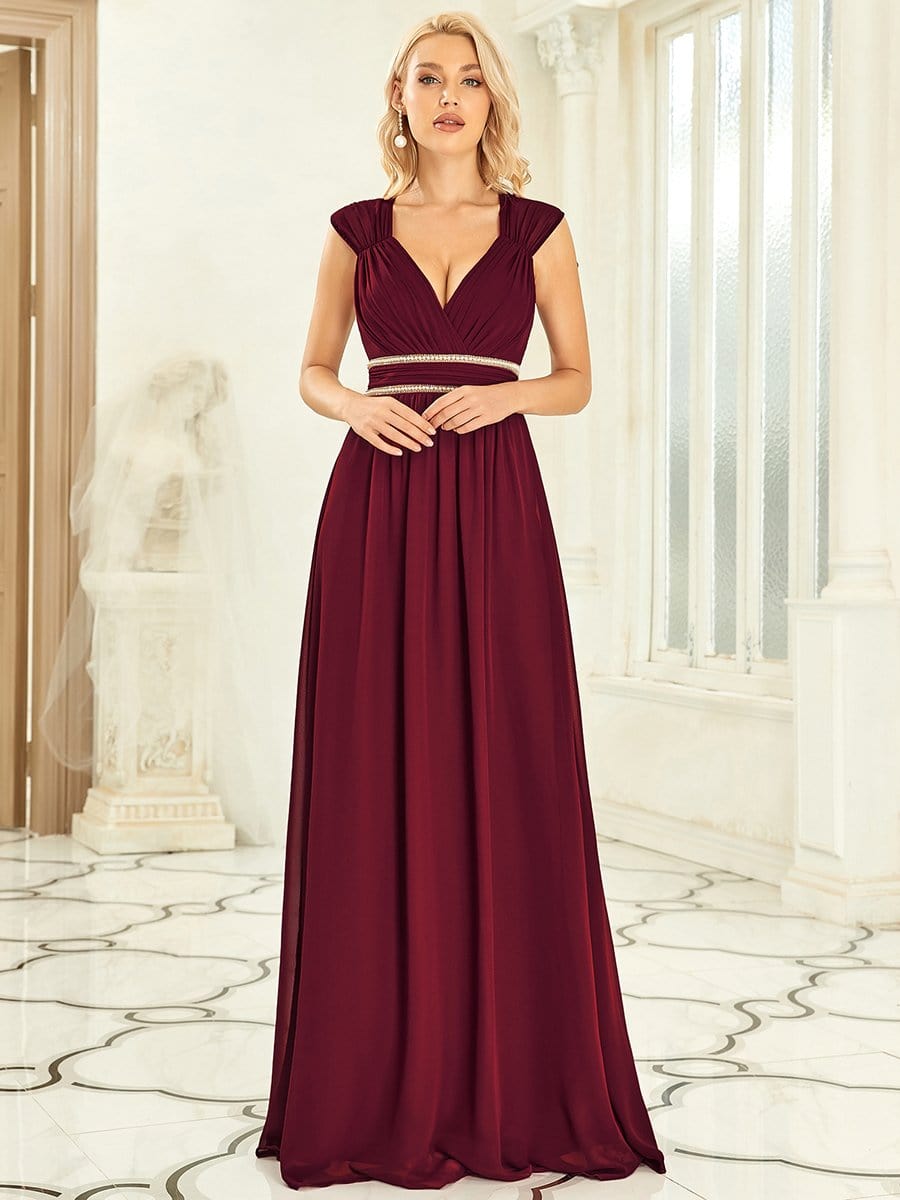 V-Neck Sleeveless Beaded Belt Chiffon A-Line Evening Dress #color_Burgundy 