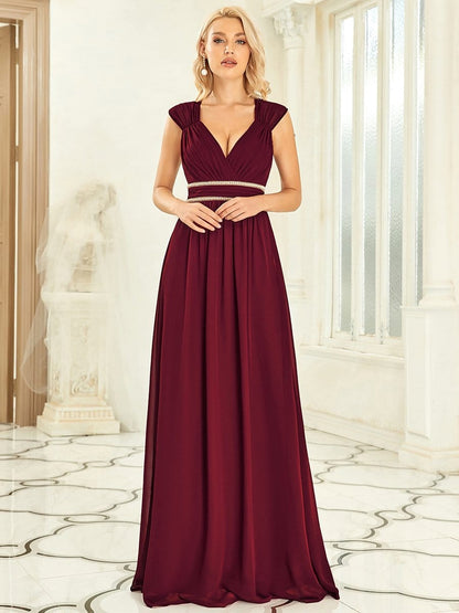 V-Neck Sleeveless Beaded Belt Chiffon A-Line Evening Dress #color_Burgundy 