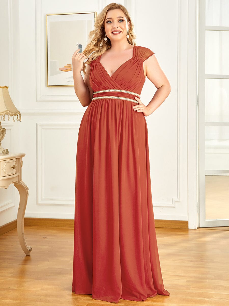 Custom Size V-Neck Sleeveless Beaded Belt Chiffon A-Line Evening Dress #color_Burnt Orange