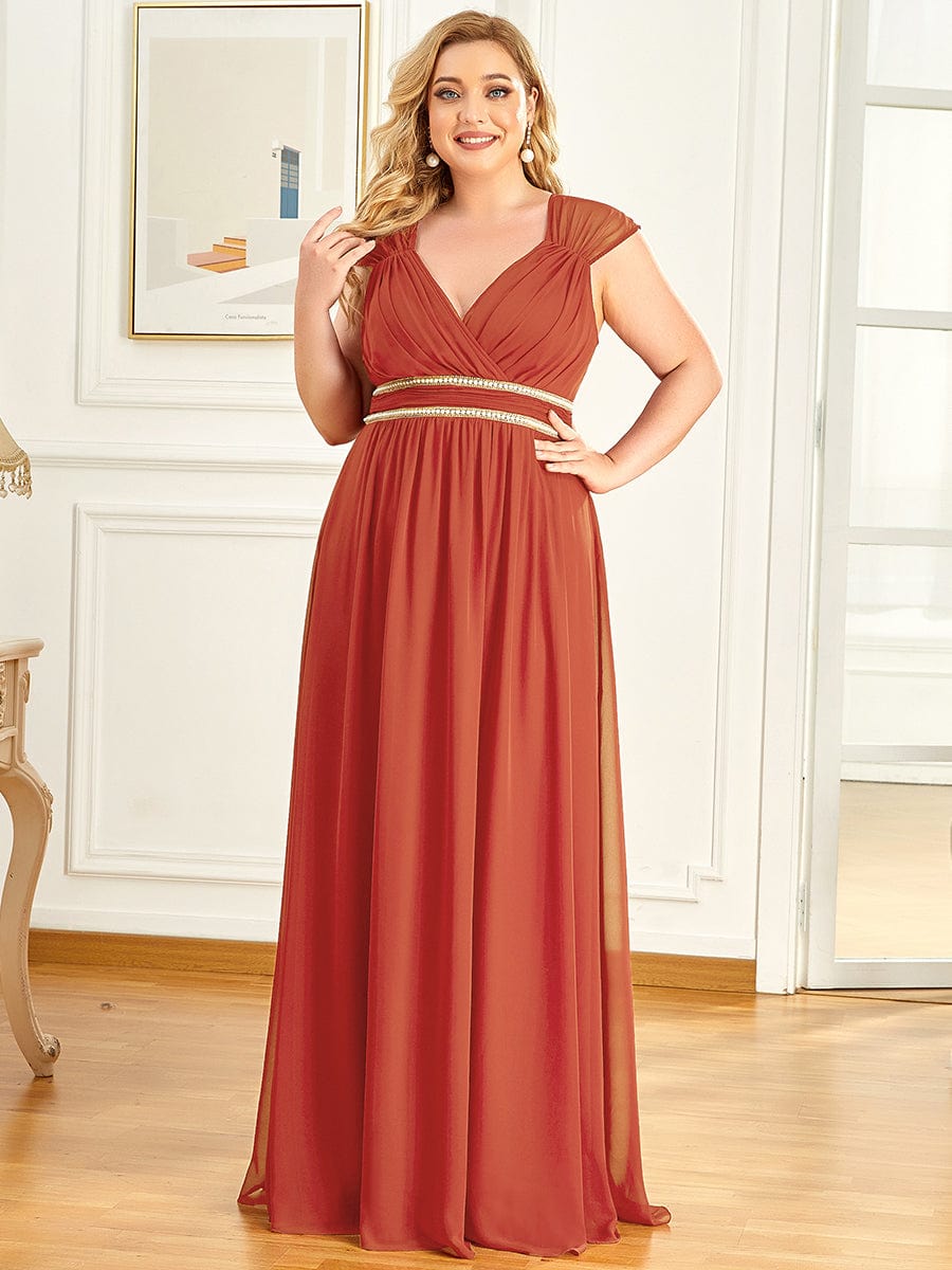 Custom Size V-Neck Sleeveless Beaded Belt Chiffon A-Line Evening Dress #color_Burnt Orange