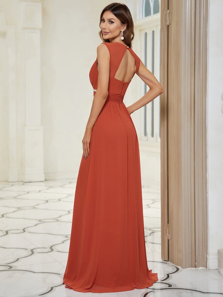 V-Neck Sleeveless Beaded Belt Chiffon A-Line Evening Dress #color_Burnt Orange 