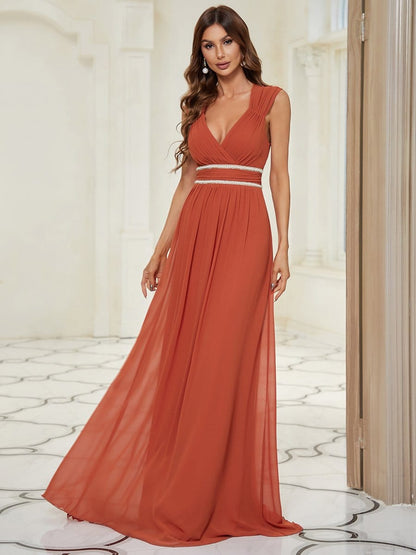 V-Neck Sleeveless Beaded Belt Chiffon A-Line Evening Dress #color_Burnt Orange 