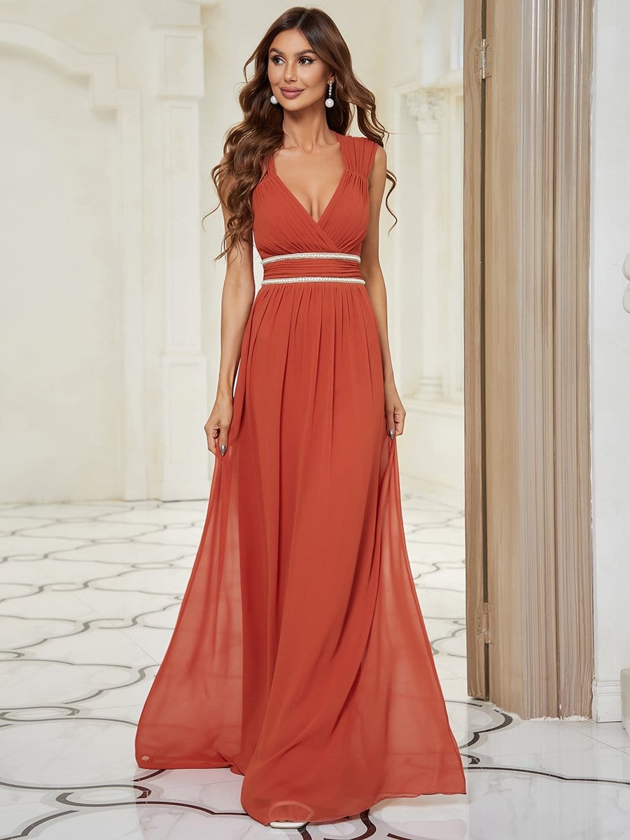 V-Neck Sleeveless Beaded Belt Chiffon A-Line Evening Dress #color_Burnt Orange 