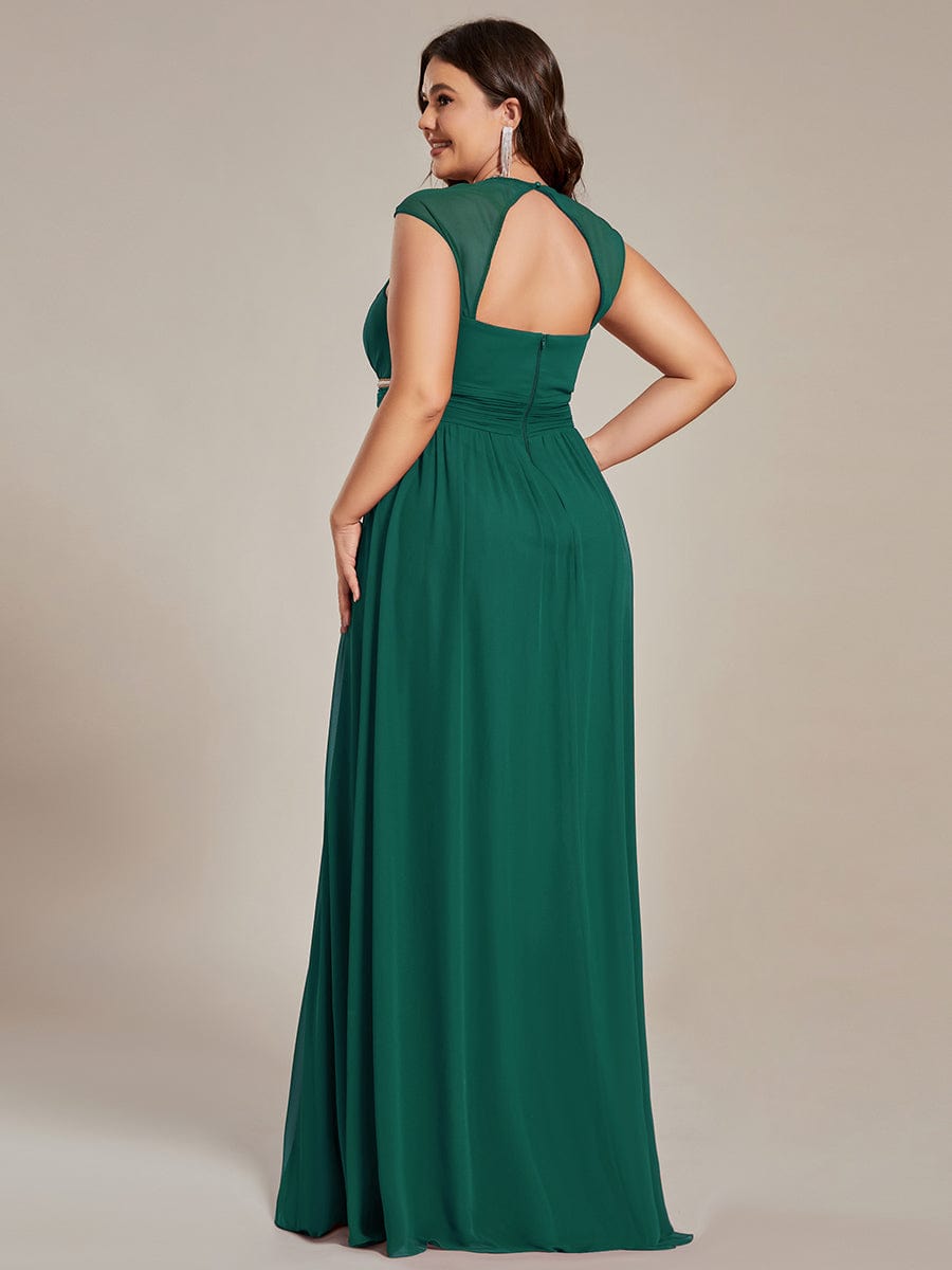 V-Neck Sleeveless Beaded Belt Chiffon A-Line Evening Dress #color_Dark Green