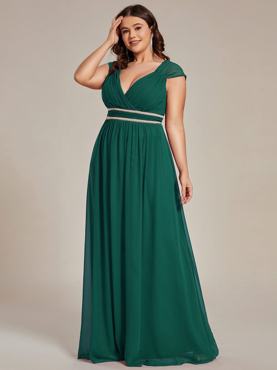 Plus Size Sleeveless Beaded Belt Chiffon Formal Summer Dresses #color_Dark Green