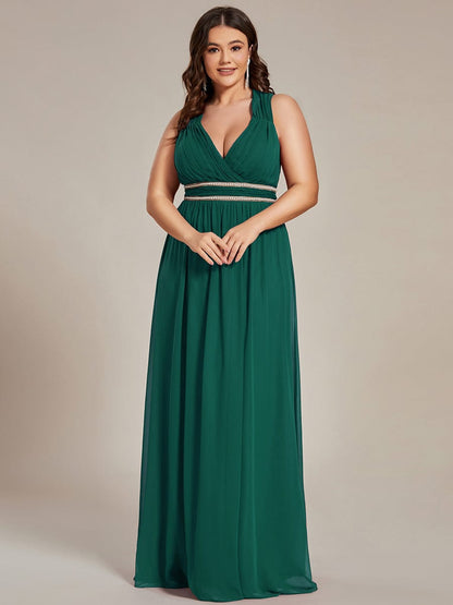 Custom Size V-Neck Sleeveless Beaded Belt Chiffon A-Line Evening Dress #color_Dark Green