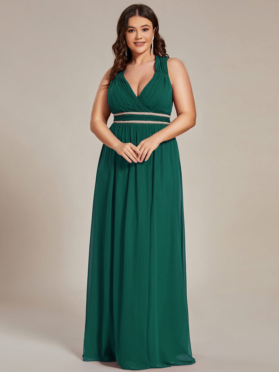 Plus Size Sleeveless Beaded Belt Chiffon Formal Summer Dresses #color_Dark Green