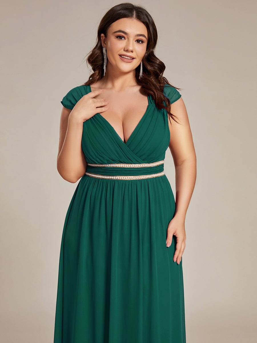 Plus Size Sleeveless Beaded Belt Chiffon Formal Summer Dresses #color_Dark Green