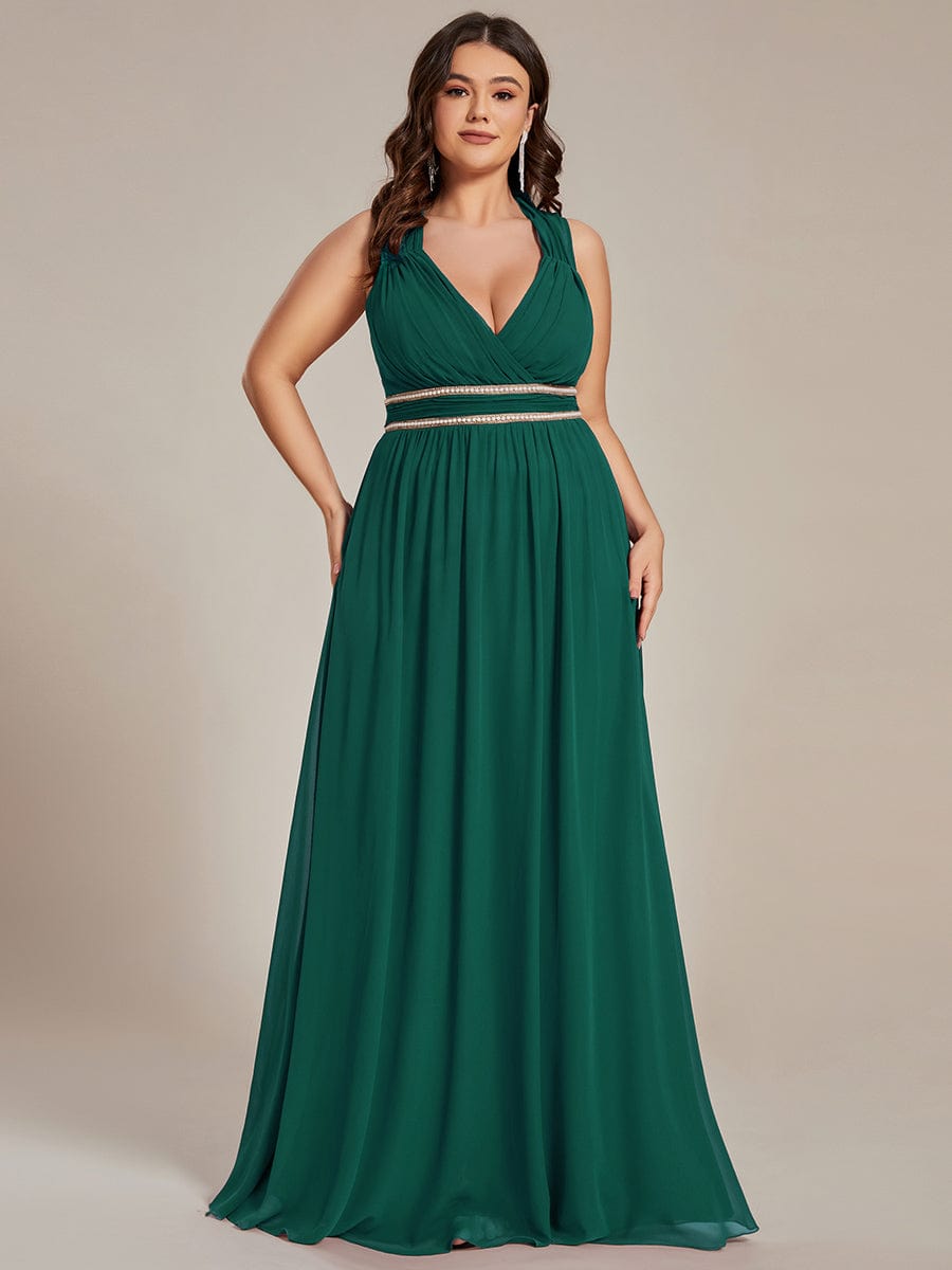 V-Neck Sleeveless Beaded Belt Chiffon A-Line Evening Dress #color_Dark Green