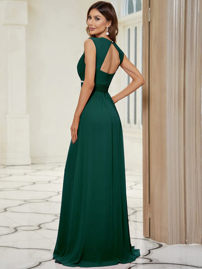 V-Neck Sleeveless Beaded Belt Chiffon A-Line Evening Dress #color_Dark Green