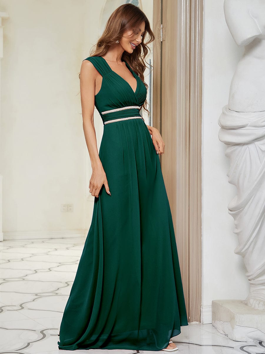 V-Neck Sleeveless Beaded Belt Chiffon A-Line Evening Dress #color_Dark Green