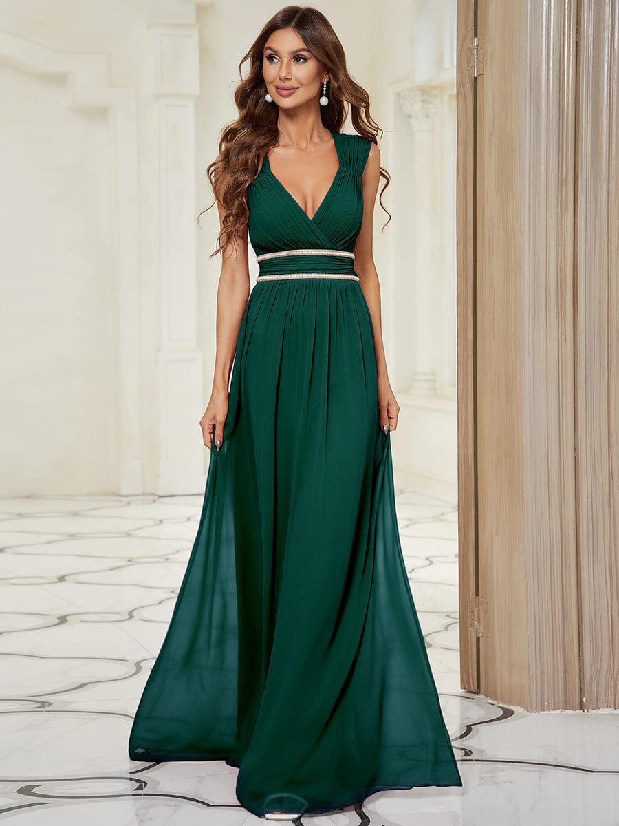 V-Neck Sleeveless Beaded Belt Chiffon A-Line Evening Dress #color_Dark Green