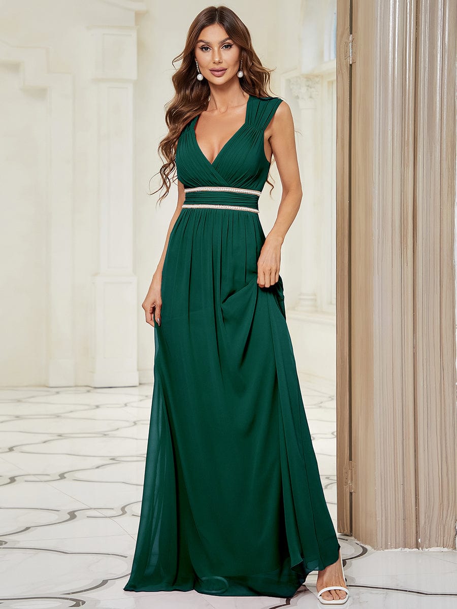 V-Neck Sleeveless Beaded Belt Chiffon A-Line Evening Dress #color_Dark Green