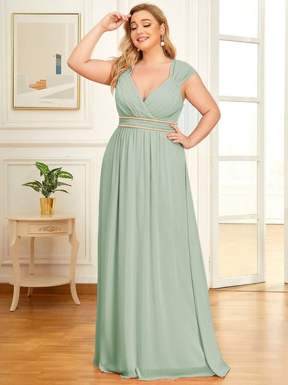 Custom Size V-Neck Sleeveless Beaded Belt Chiffon A-Line Evening Dress #color_Mint Green