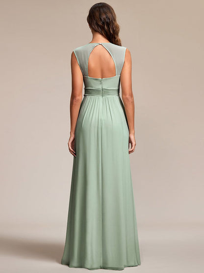 V-Neck Sleeveless Beaded Belt Chiffon A-Line Evening Dress #color_Mint Green