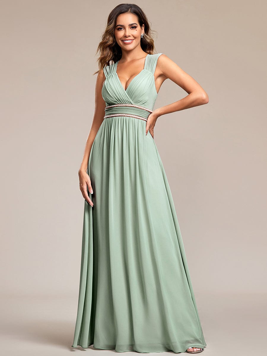 V-Neck Sleeveless Beaded Belt Chiffon A-Line Evening Dress