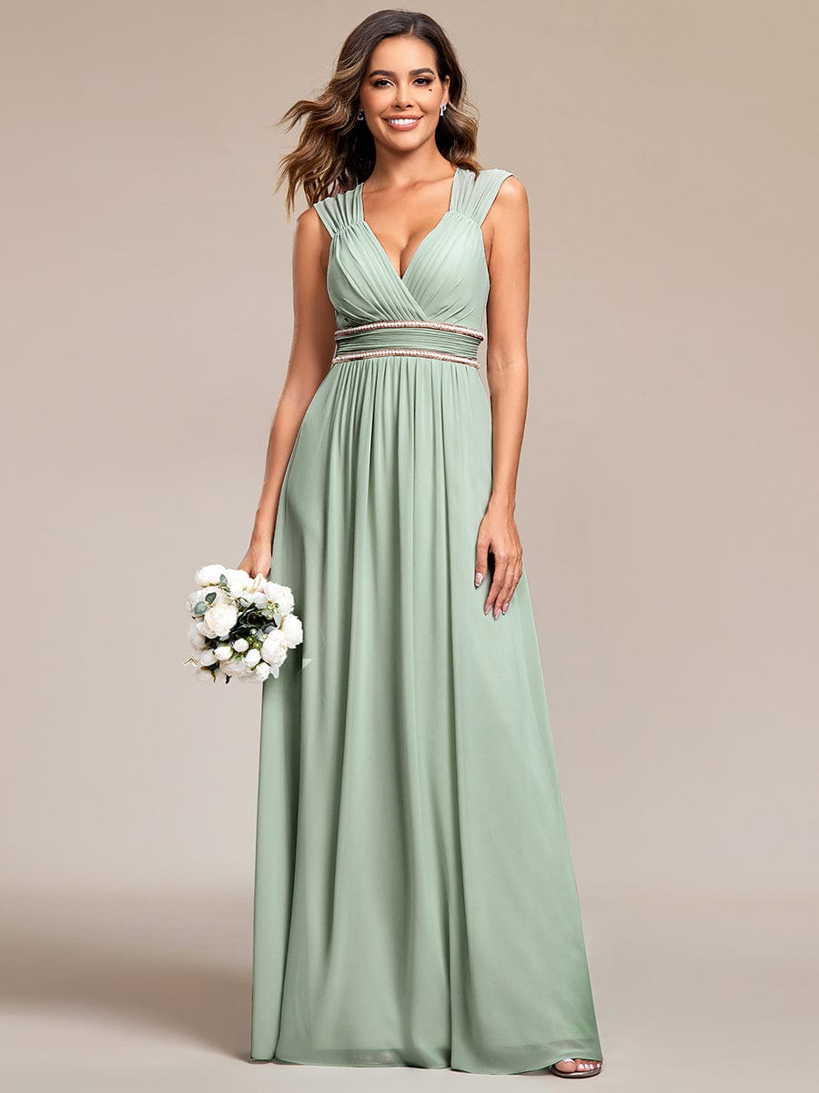 V-Neck Sleeveless Beaded Belt Chiffon A-Line Evening Dress #color_Mint Green