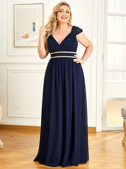 Plus Size Sleeveless Beaded Belt Chiffon Formal Summer Dresses #color_Navy Blue 