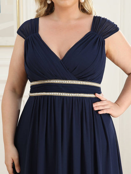 Custom Size V-Neck Sleeveless Beaded Belt Chiffon A-Line Evening Dress #color_Navy Blue