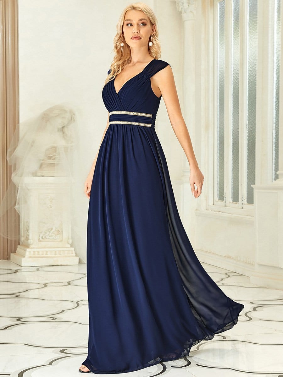 V-Neck Sleeveless Beaded Belt Chiffon A-Line Evening Dress #color_Navy Blue 