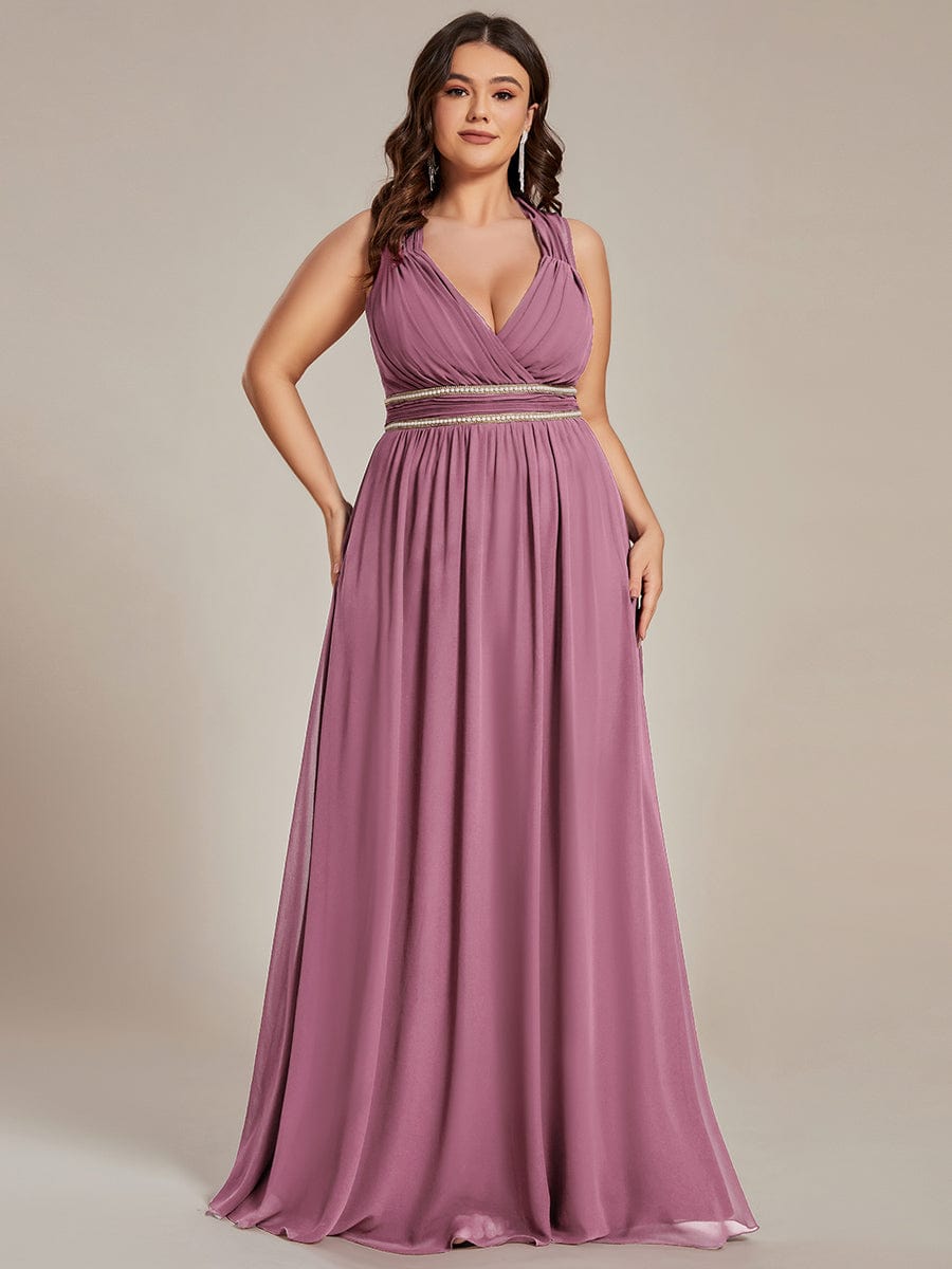 V-Neck Sleeveless Beaded Belt Chiffon A-Line Evening Dress #color_Purple Orchid