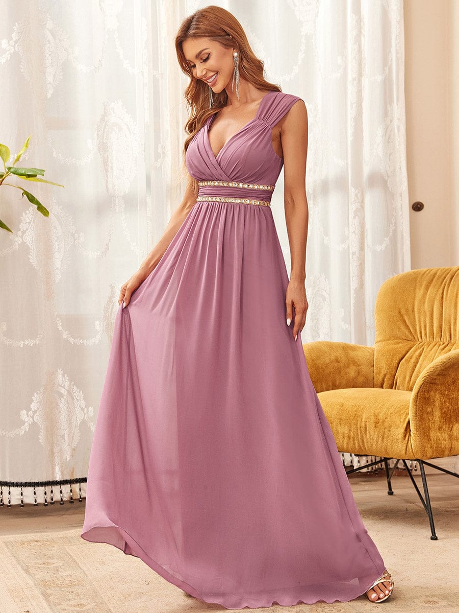 V-Neck Sleeveless Beaded Belt Chiffon A-Line Evening Dress #color_Purple Orchid