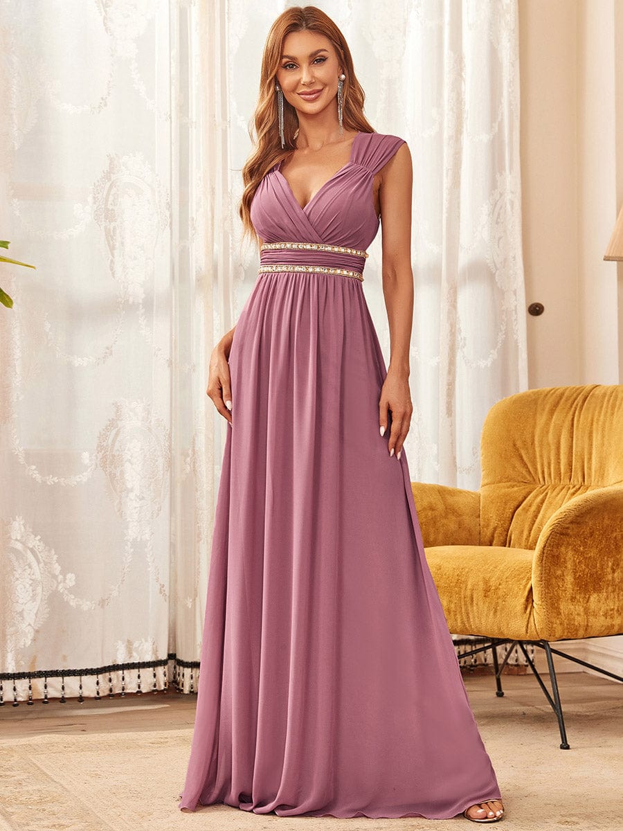 V-Neck Sleeveless Beaded Belt Chiffon A-Line Evening Dress #color_Purple Orchid