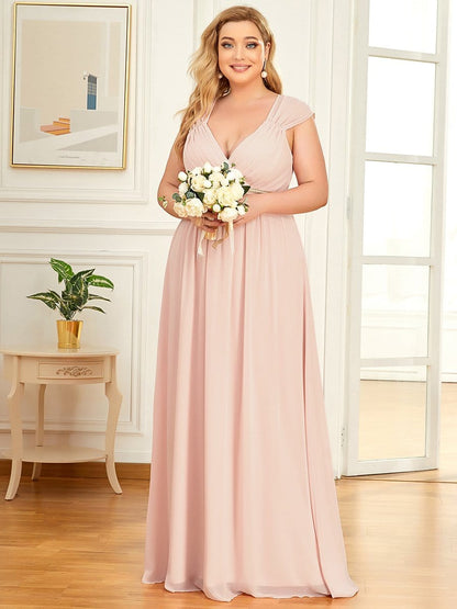 V-Neck Sleeveless Beaded Belt Chiffon A-Line Evening Dress #color_Pink 