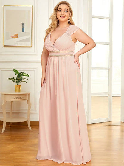 Plus Size Sleeveless Beaded Belt Chiffon Formal Summer Dresses #color_Pink 