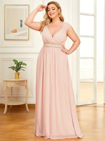 Plus Size Sleeveless Beaded Belt Chiffon Formal Summer Dresses #color_Pink 