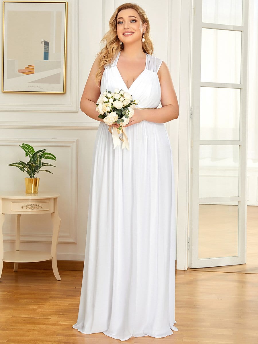 Plus Size Sleeveless Beaded Belt Chiffon Formal Summer Dresses #color_White 