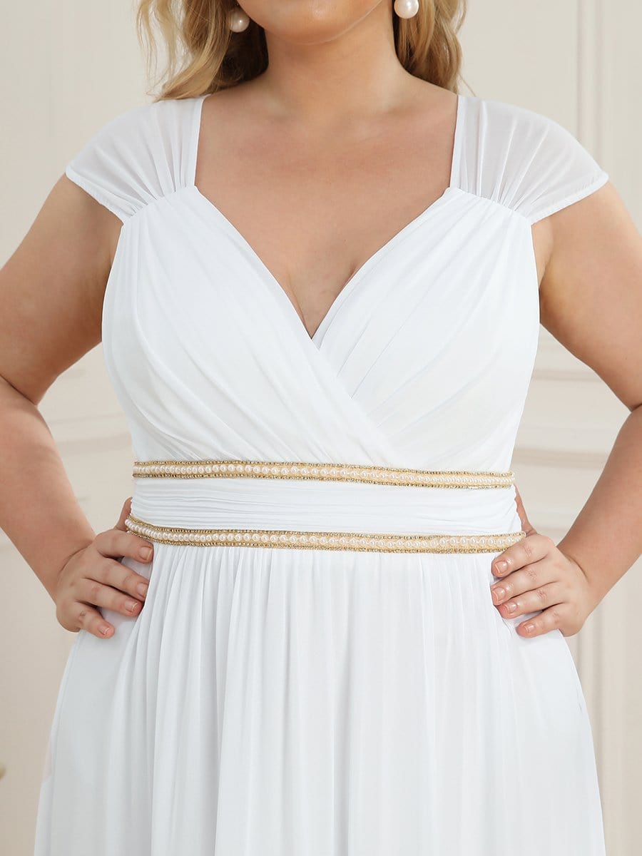 V-Neck Sleeveless Beaded Belt Chiffon A-Line Evening Dress #color_White 